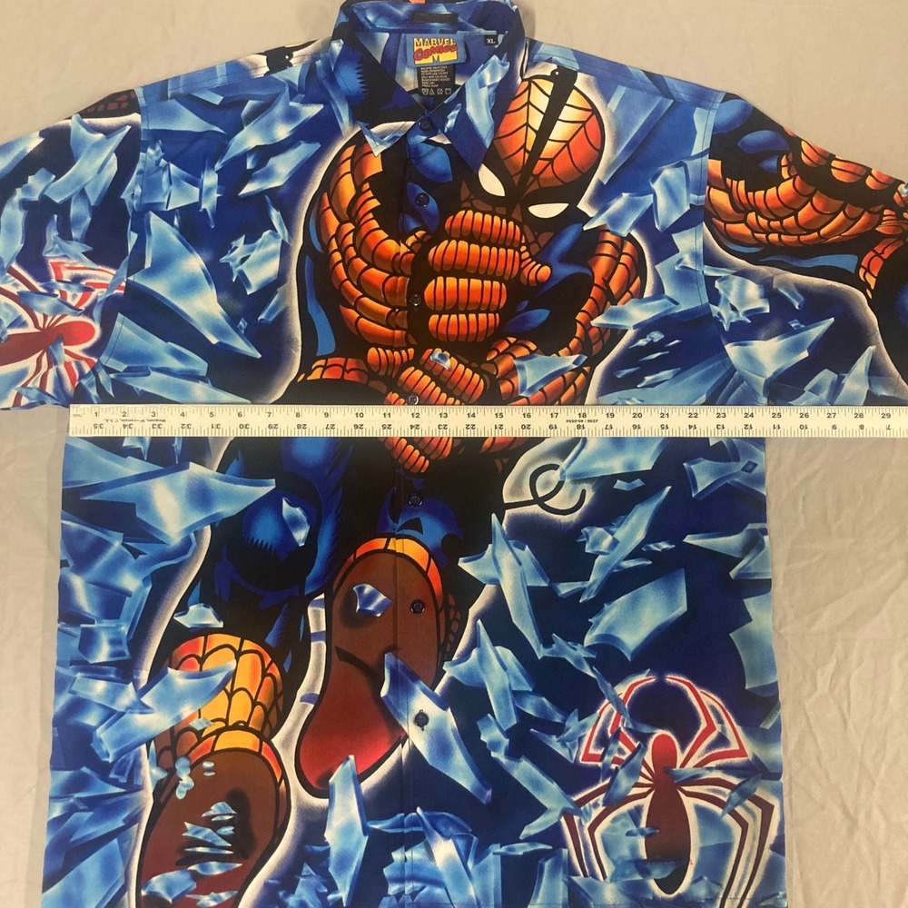 Vintage 2001 Marvel Comics Spider-Man Button Down Shirt XL Blue Shattered Glass - Picture 5 of 13